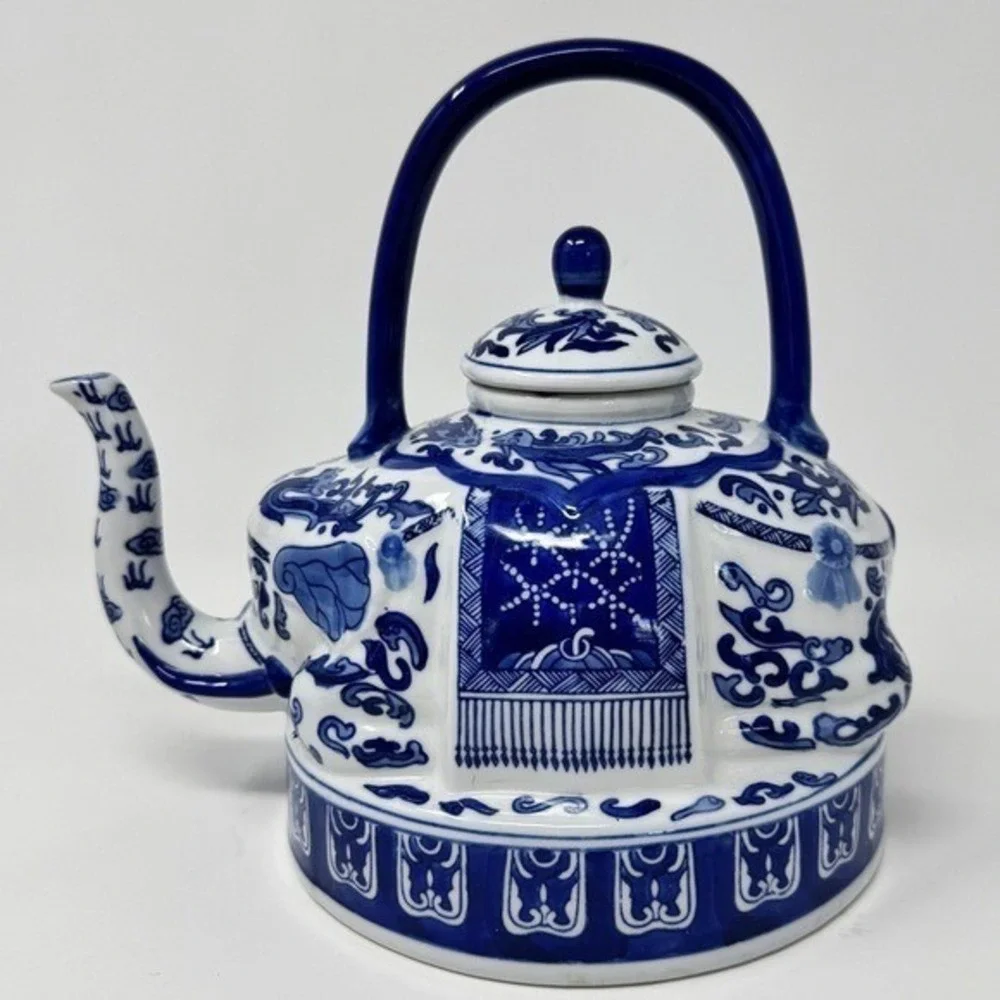 Vintage Elephant Chinoiserie Blue and White Teapot by Bombay